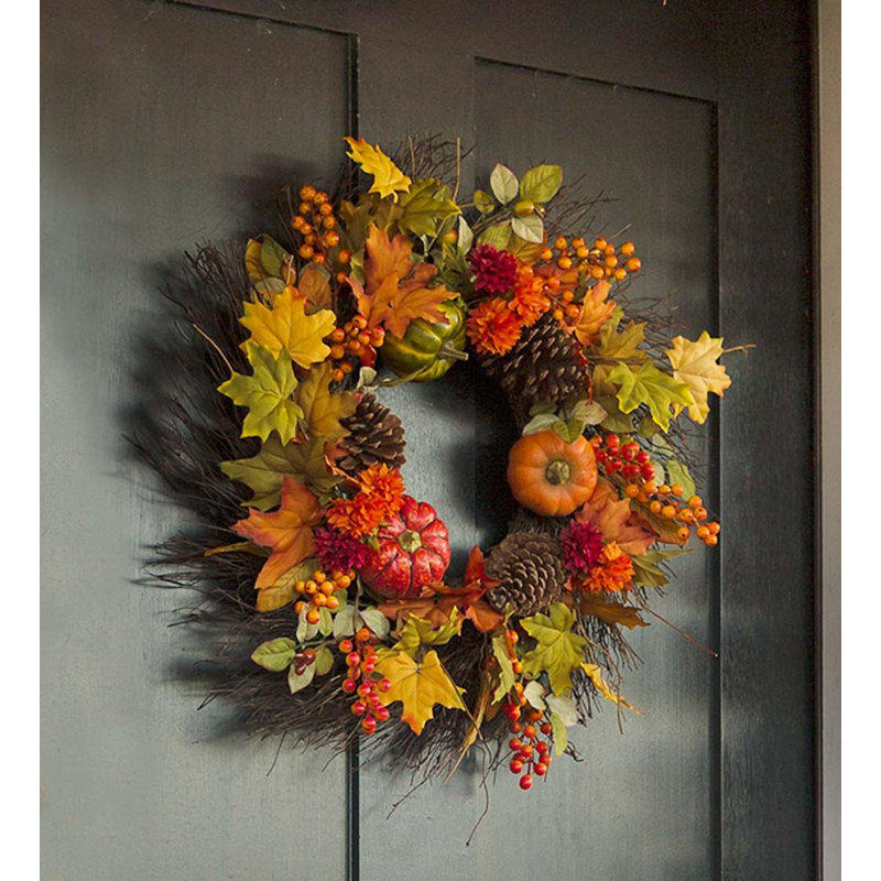 Plow & Hearth Pumpkins and Pine Cones Fall 24" Wreath